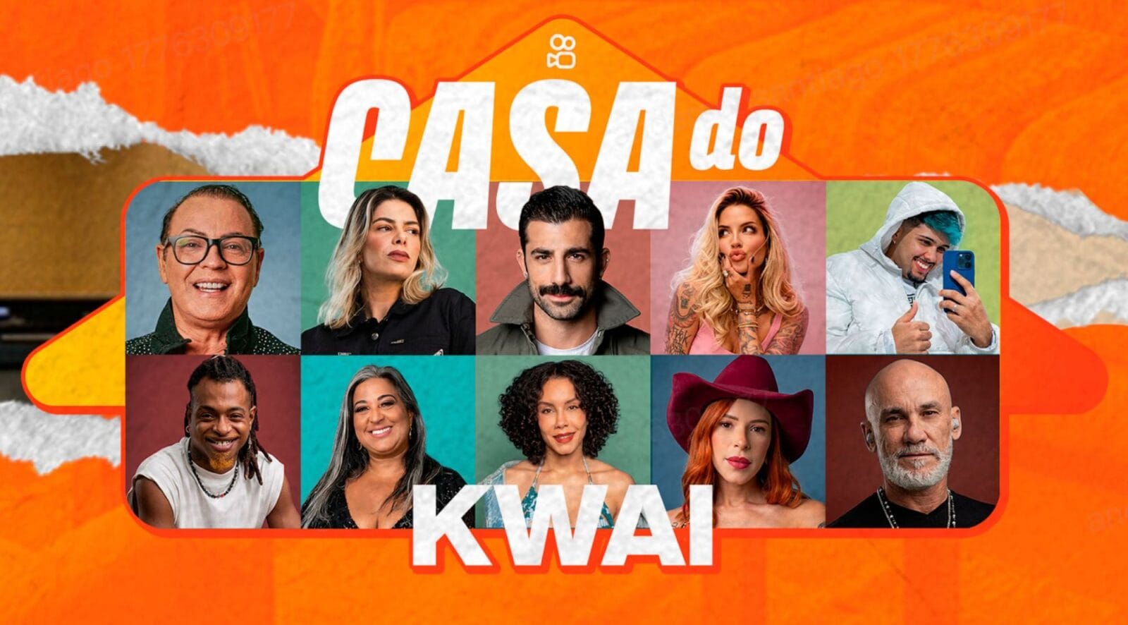 Casa do Kwai 2026: arte oficial do reality vertical do Kwai com mosaico do elenco completo