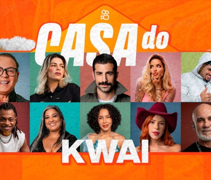 Casa do Kwai 2026: arte oficial do reality vertical do Kwai com mosaico do elenco completo